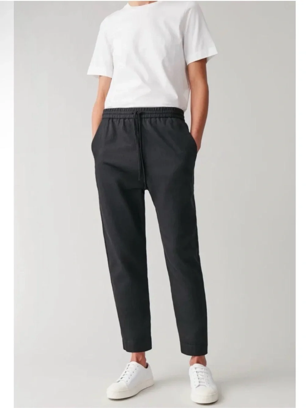 COS Black Relaxed Elastic Waist Drawstring Tapered Trousers Pants Linen Blend